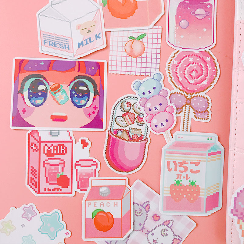 Kawaii pink pixelated laser cut cats & sweets sticker pack