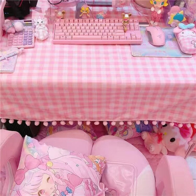 Pink plaid pompom desk tablecloth - kawaii - plaid - pom - poms - table cloth