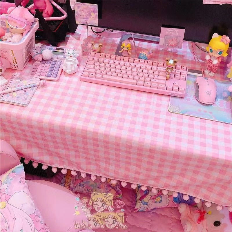 Pink plaid pompom desk tablecloth - kawaii - plaid - pom - poms - table cloth