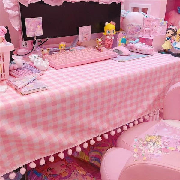 Pink plaid pompom desk tablecloth - kawaii - plaid - pom - poms - table cloth