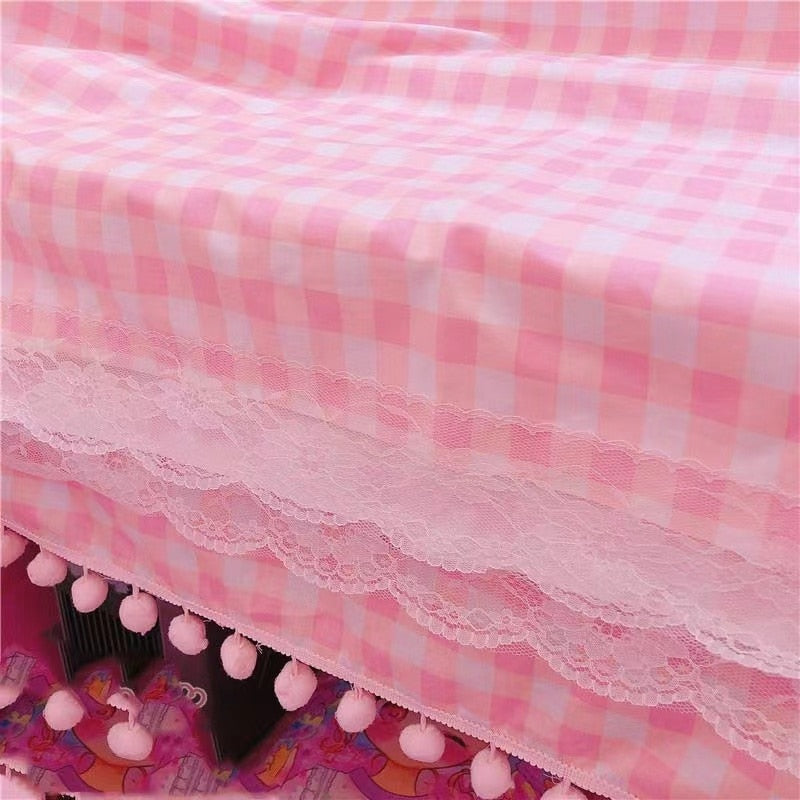 Pink plaid pompom desk tablecloth - kawaii - plaid - pom - poms - table cloth