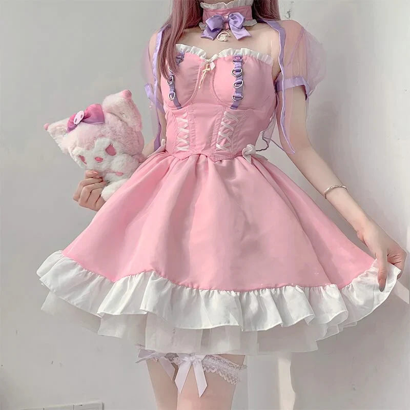 maid dress pink Gloomth Limited Edition Pink Maid Dress Outfit With Sheer Apron Sizes S-5XL Plus Size