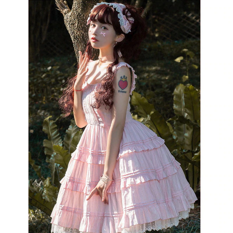 pink coquette dress Ruffle Princess with Lace Bows Fairycore Style Pink / S Nora Knit Maxi Dress Sleeve Length:Extra Long - 39.5