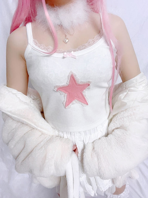 Pink Star Tank - angelcore, angelic, crop tops, faecore, fairycore Kawaii Babe