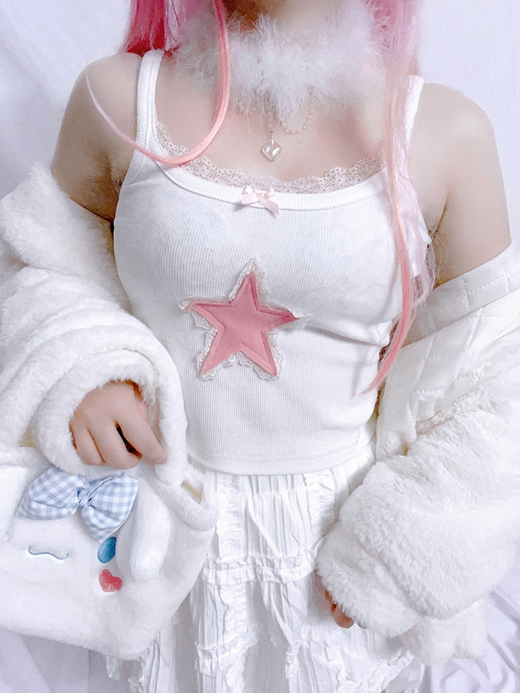 Pink Star Tank Top Shirt Y2K 90s Fashion Fairycore Cutecore Kawaii Babe M
