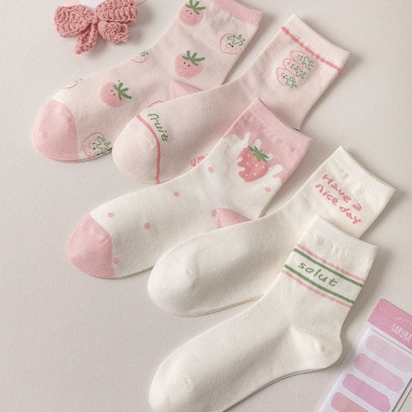 Pink strawberry cotton socks - berries - fruit - fruity - kawaii - socks