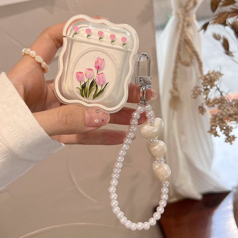 Pink tulip & pearl airpod case - airpod - case - airpods - ear bud - earbuds