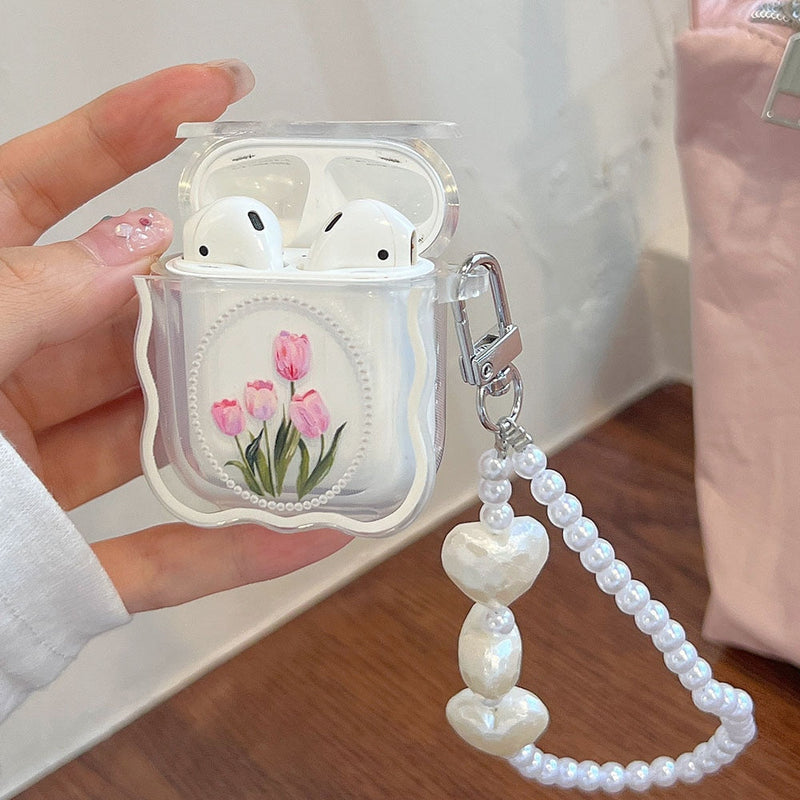 Pink tulip & pearl airpod case - airpod - case - airpods - ear bud - earbuds