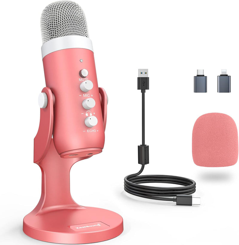 Pink usb condenser studio microphone - condensor - gaming - microphones - noise cancelling - streaming