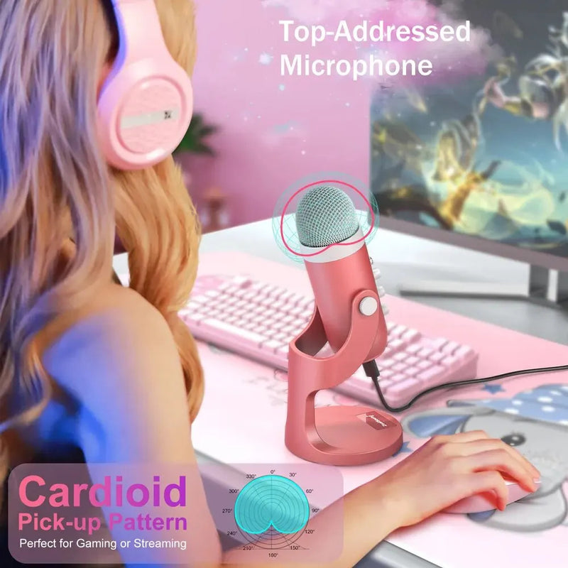 Pink usb condenser studio microphone - condensor - gaming - microphones - noise cancelling - streaming