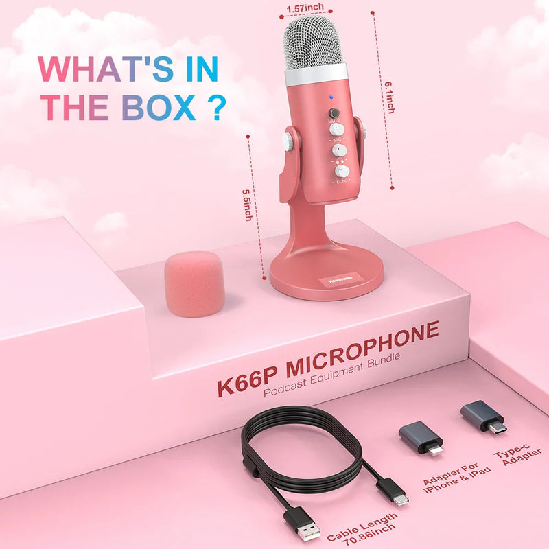 Pink usb condenser studio microphone - condensor - gaming - microphones - noise cancelling - streaming