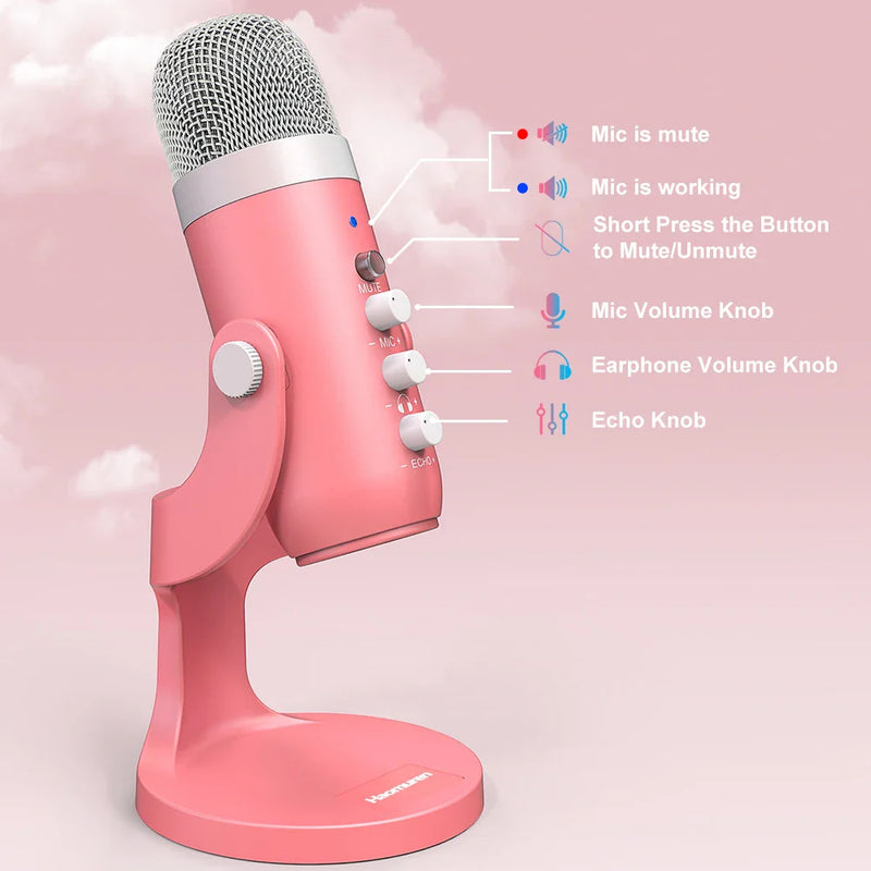 Pink usb condenser studio microphone - condensor - gaming - microphones - noise cancelling - streaming