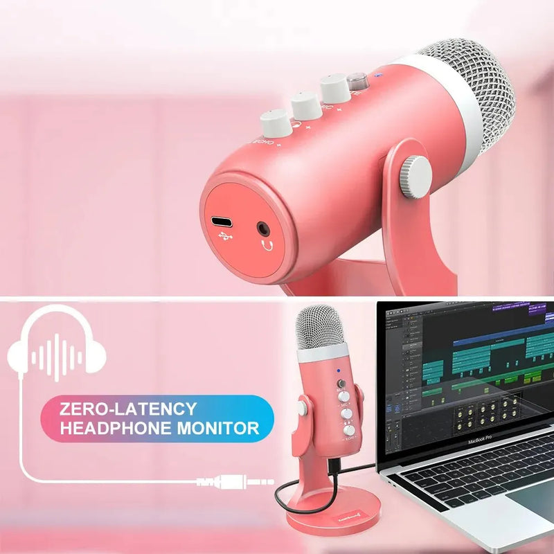 Pink usb condenser studio microphone - condensor - gaming - microphones - noise cancelling - streaming