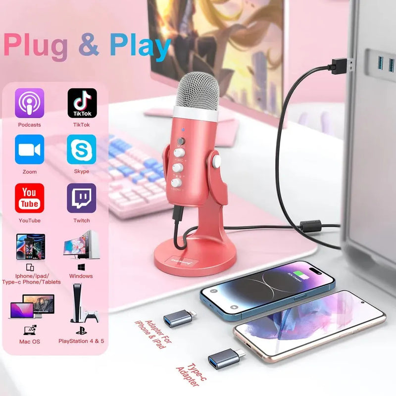 Pink usb condenser studio microphone - condensor - gaming - microphones - noise cancelling - streaming