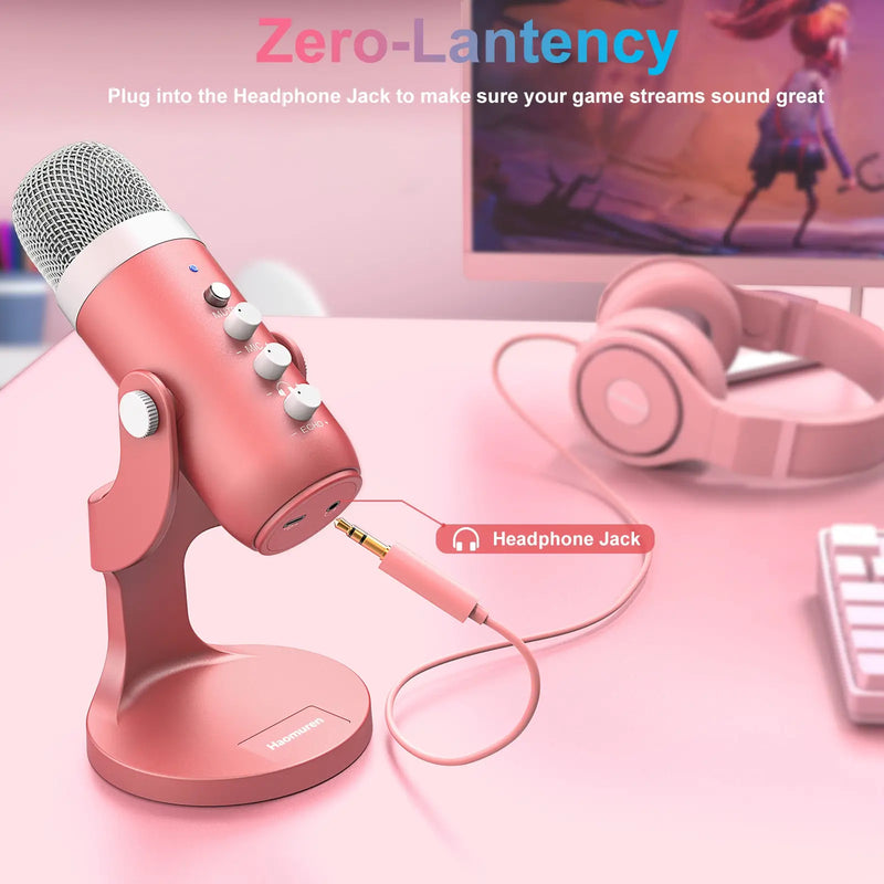 Pink usb condenser studio microphone - condensor - gaming - microphones - noise cancelling - streaming