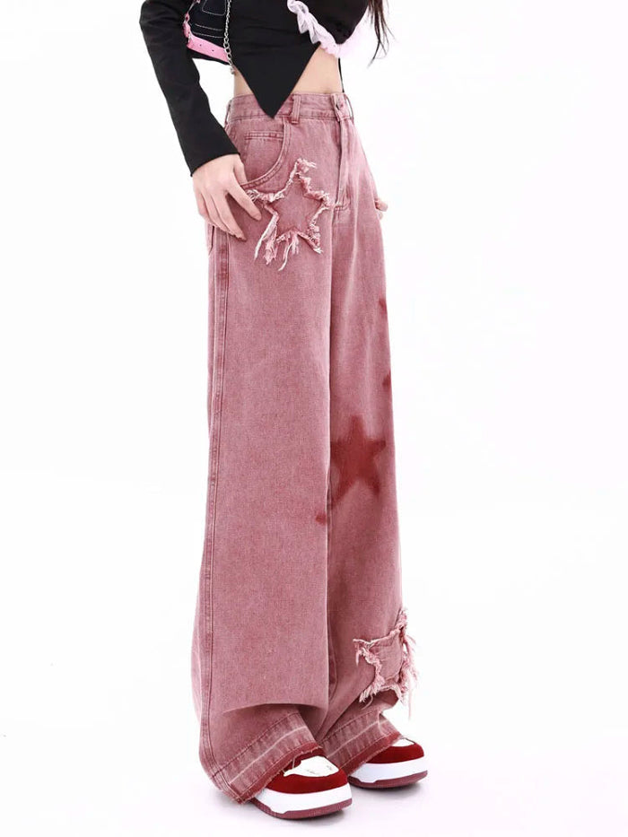 ★Wai Kei★ star trek pants pink YKBE01PT07-2 Pink Y2K Star Girl Baggy Shaggy Jeans | Kawaii Babe