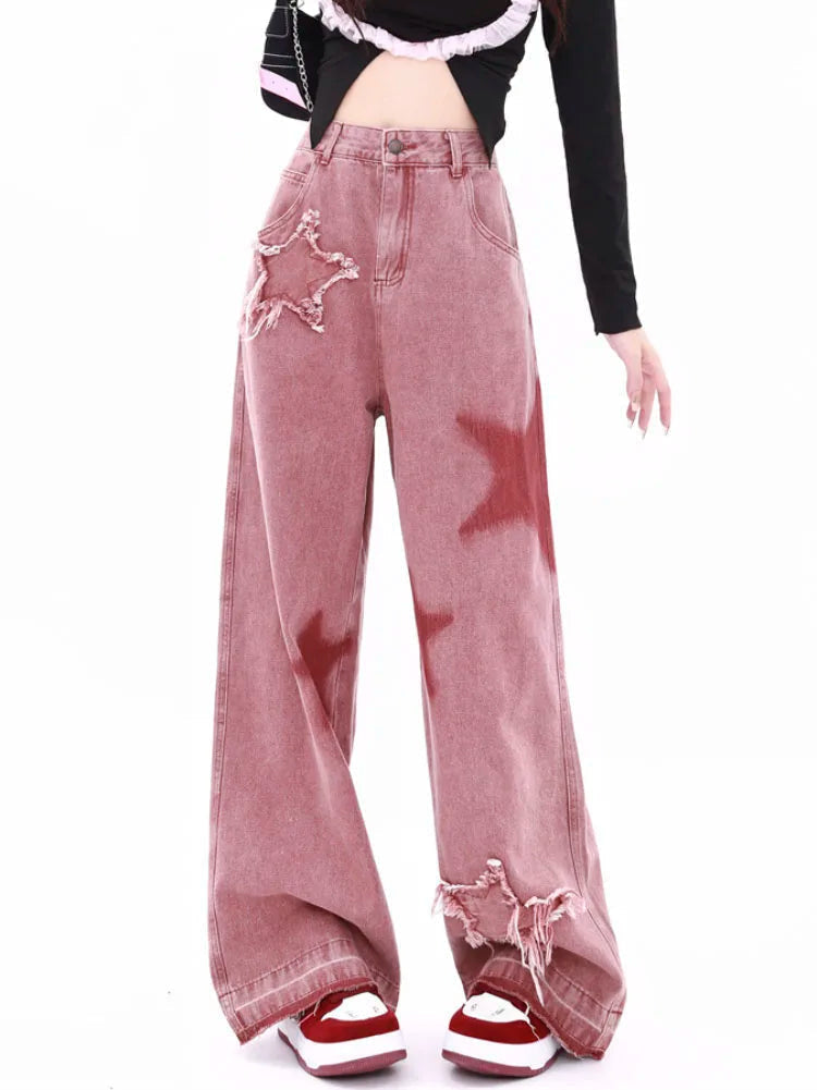 Pink y2k star girl jeans - denim - jeans - kawaii - plus size - star