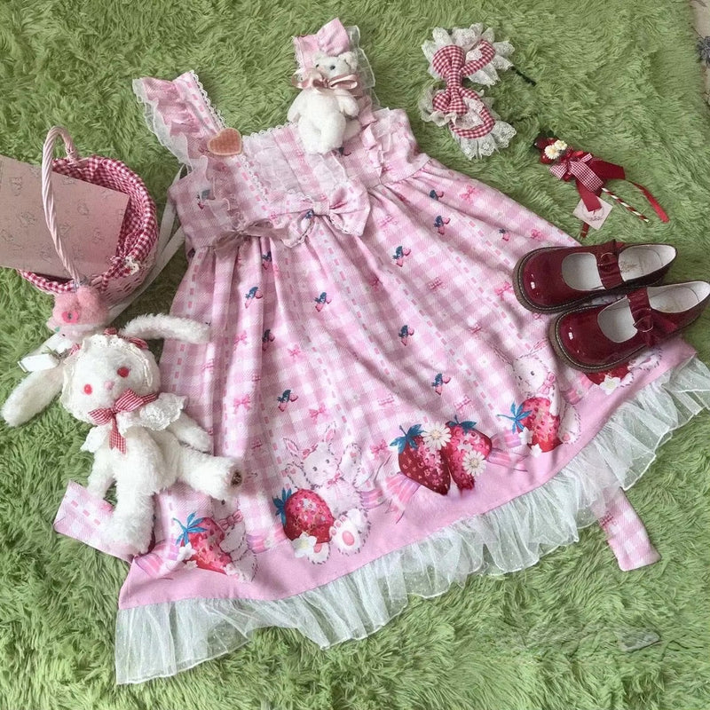Plaid Strawberry Bunny Princess Lolita Kawaii Dress | Kawaii Babe Pink Plaid Strawberry Bunny Princess Lolita Kawaii Dress | Kawaii Babe Pink