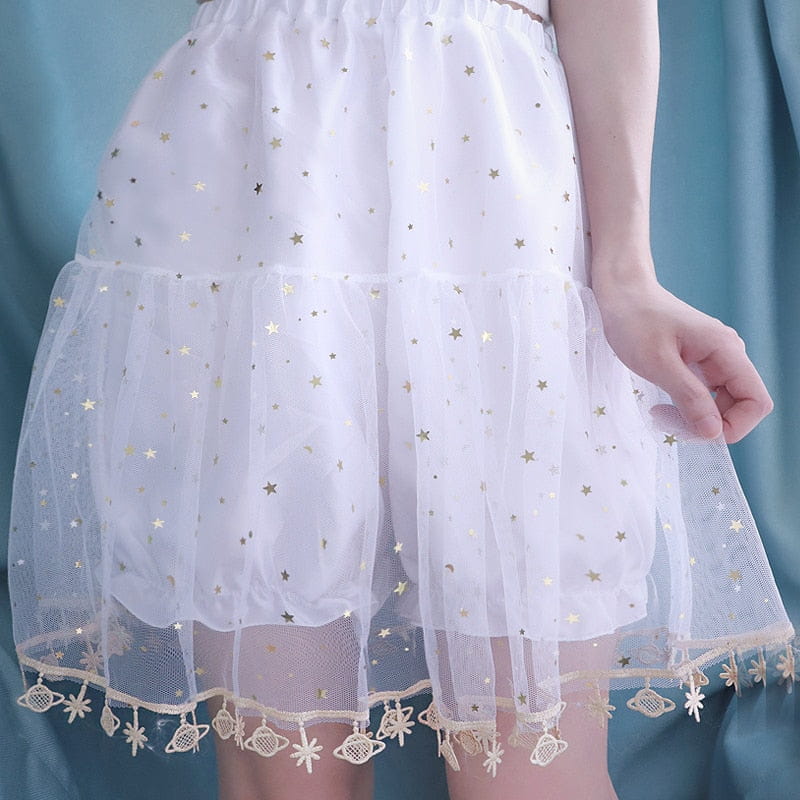 White celestial tulle petticoat with gold stars and lace planet trim