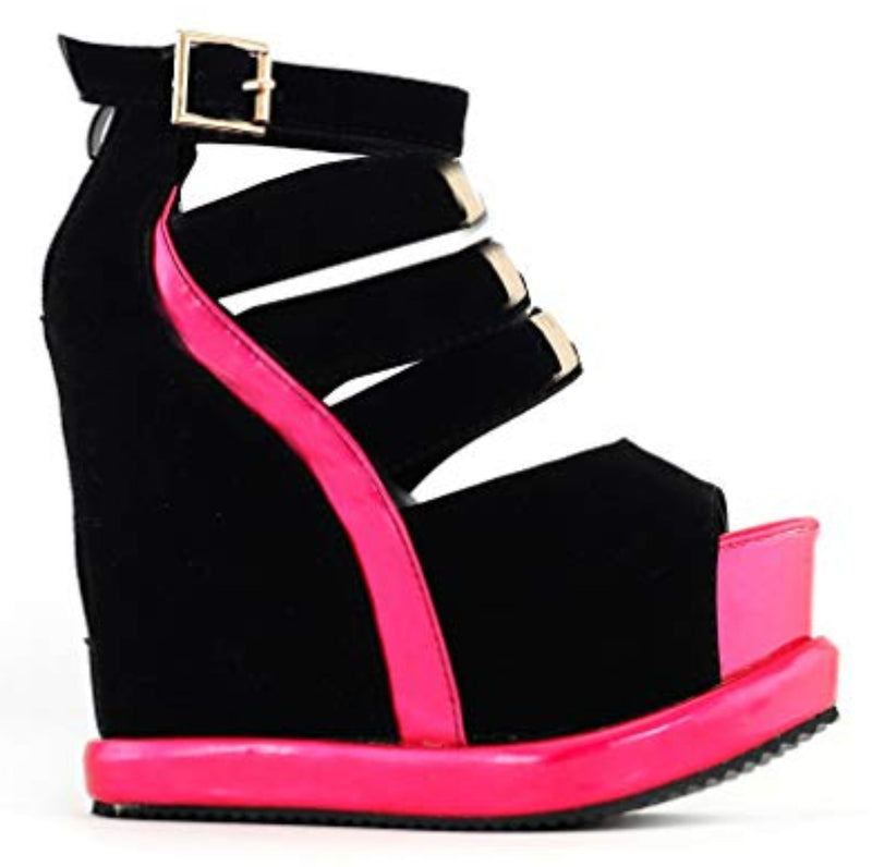 Platform peep toe wedges - ankle straps - gold - chain - hardware - heels