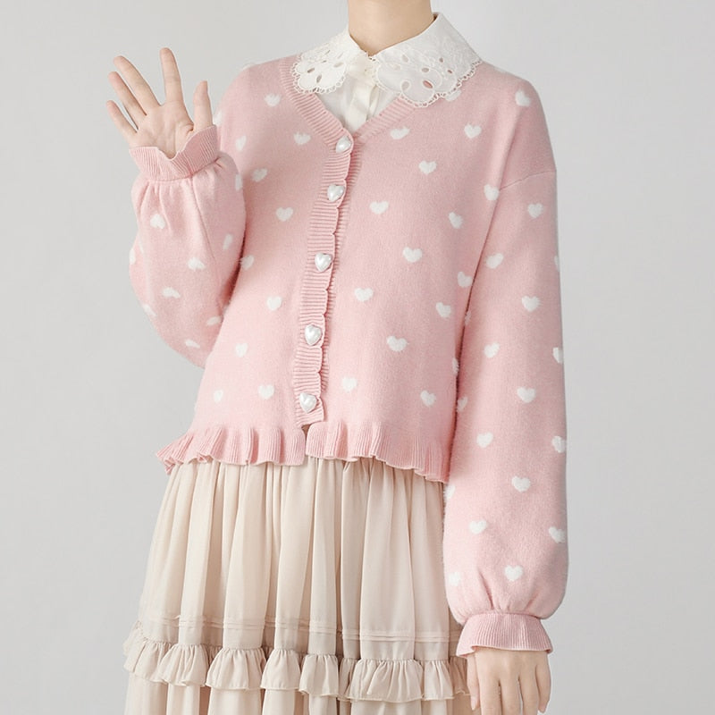 Comfy Kawaii Polkadot Heart Knit Button-up Cardigan | Kawaii
