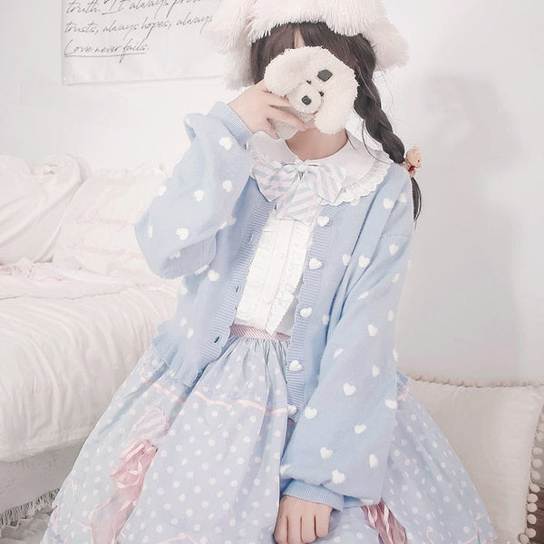 Polkadot heart knit cardigan - cardigan - fairy kei - kawaii - long sleeve - sleeves