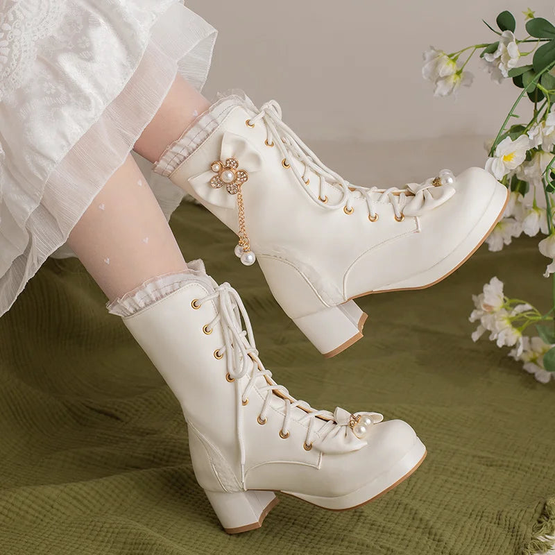 Pretty pearl princess booties - black - boots - bows - heels - kawaii