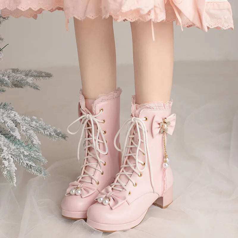 Pretty pearl princess booties - black - boots - bows - heels - kawaii