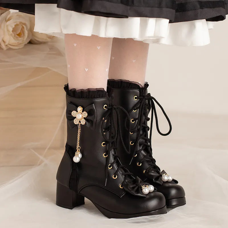 Pretty pearl princess booties - black - boots - bows - heels - kawaii