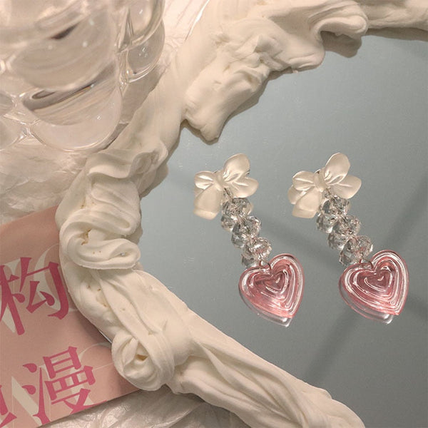 Pretty in pink heart earrings - bows - earrings - heart - hearts - jeweled