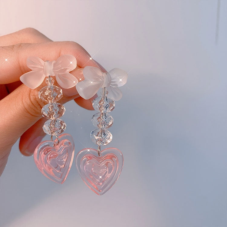 Pretty in pink heart earrings - bows - earrings - heart - hearts - jeweled