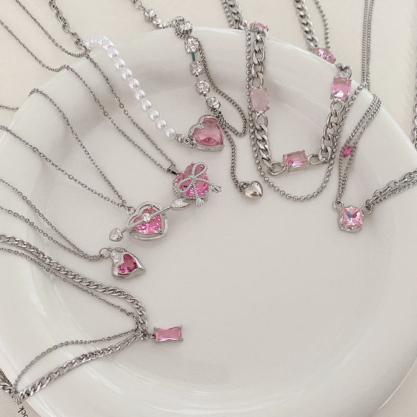 Pretty pink princess necklaces - chain - choker - dollette - fairycore - hearts