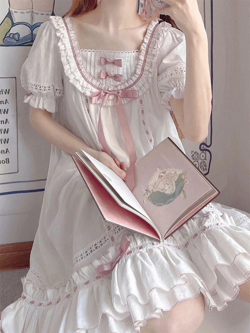 White Princess Nightgown with Pink Bows Lace Ruffles and Puff Sleeves XL(60-67.5kg)
