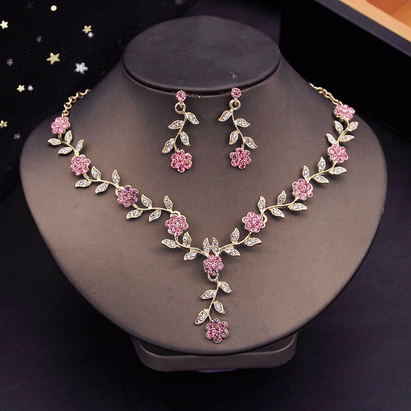 Women's 3-Piece Flower Jewelry Set - Sweet Pink Topaz Gems Silver Plated Necklace Earrings Rings