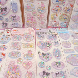 Puffy 3d kawaii character sticker sheets - hello kitty - kuromi - liquid