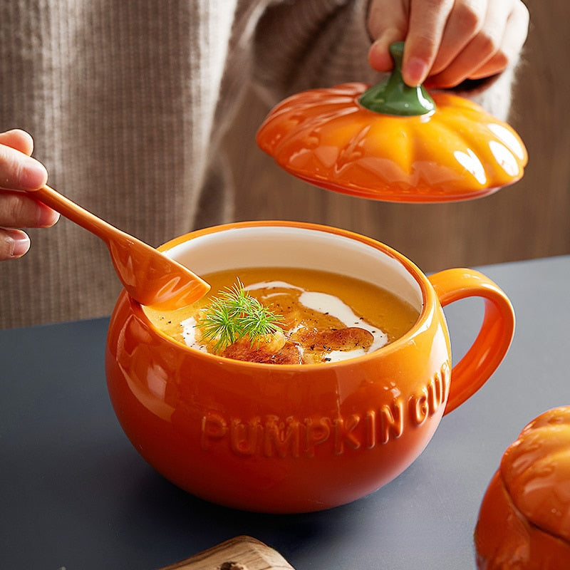 Pumpkin ceramic mug with lid - autumn - bowl - ceramic - fall - gourd