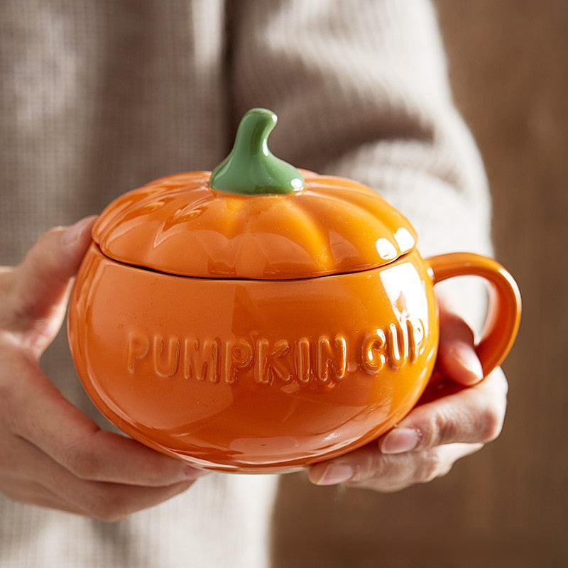 Pumpkin ceramic mug with lid - autumn - bowl - ceramic - fall - gourd