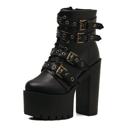 Punk Rock Platform Boots with Multi-Buckle Straps and Block Heels