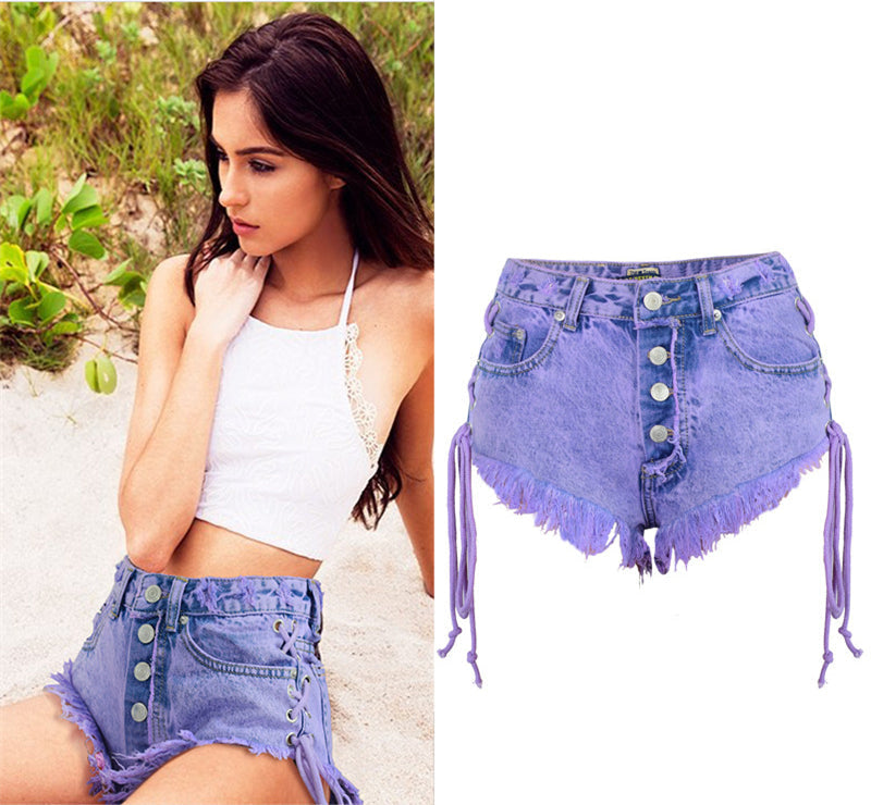 Purple corset jean shorts - bleached - button shorts - corset - denim - dip dyed