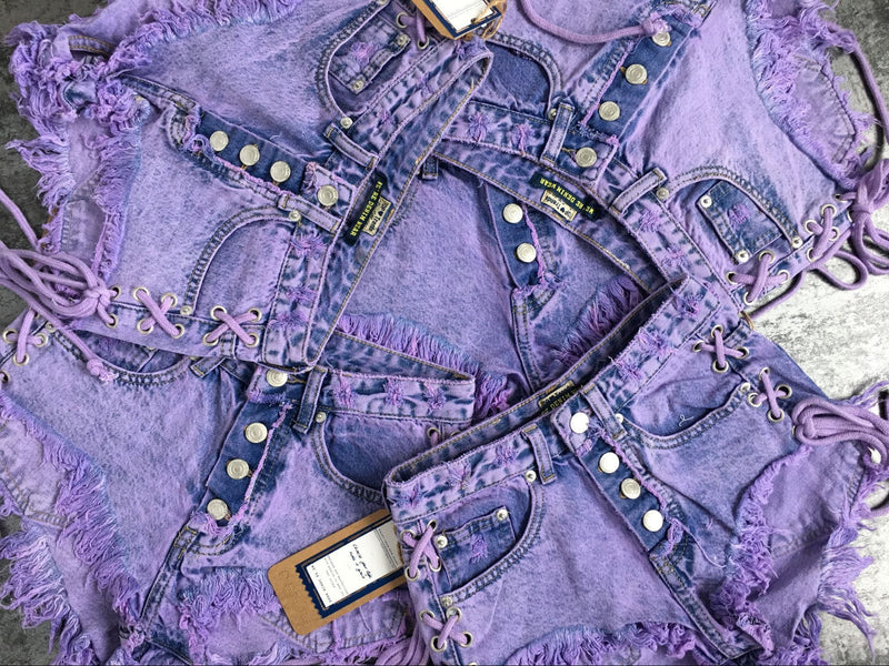 Purple corset jean shorts - bleached - button shorts - corset - denim - dip dyed