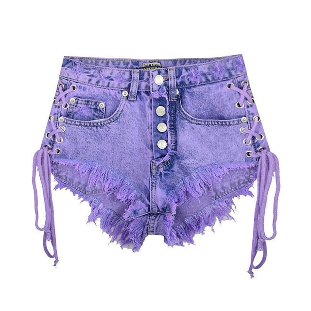 Purple corset jean shorts - bleached - button shorts - corset - denim - dip dyed