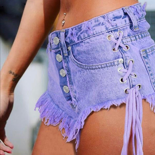 Purple corset jean shorts - bleached - button shorts - corset - denim - dip dyed