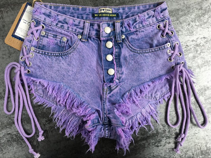 Purple corset jean shorts - bleached - button shorts - corset - denim - dip dyed