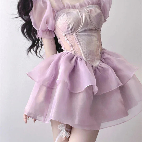 Ruffled Purple Ethereal Fairy Dress Puffed Sleeves
