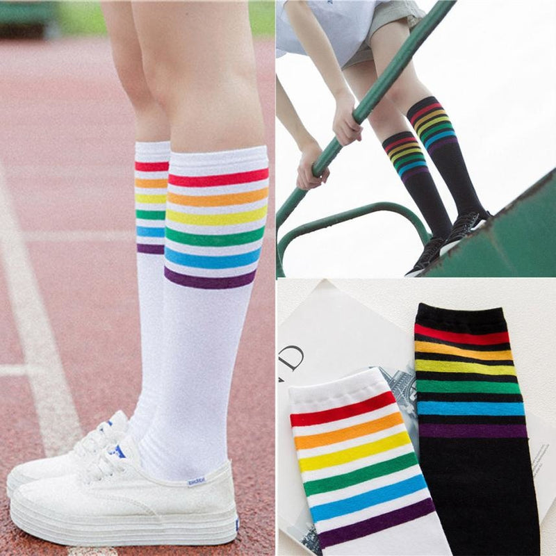 white rainbow stripe knee socks sweat socks gay pride parade harajuku japan fashion by kawaii babe
