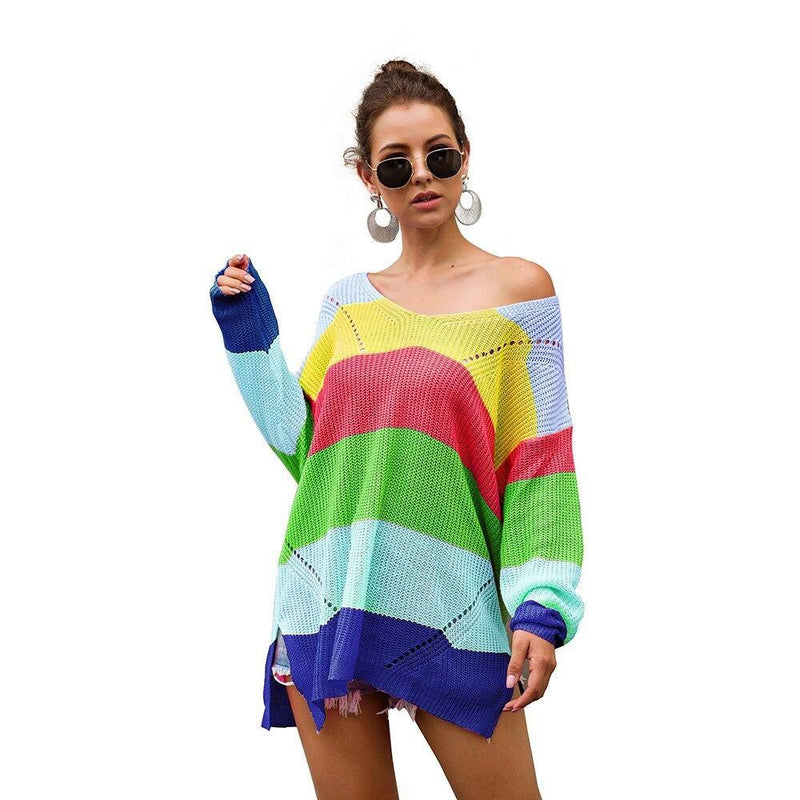 Kawaii rainbow sweater dress long sleeve knit fashion