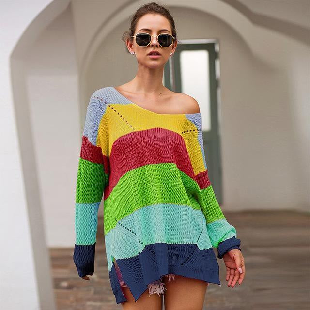 Kawaii rainbow sweater dress long sleeve knit fashion