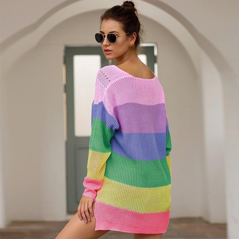 Kawaii rainbow sweater dress long sleeve knit fashion