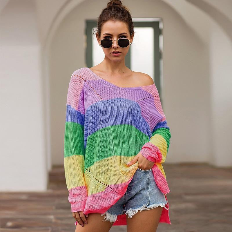 Kawaii rainbow sweater dress long sleeve knit fashion