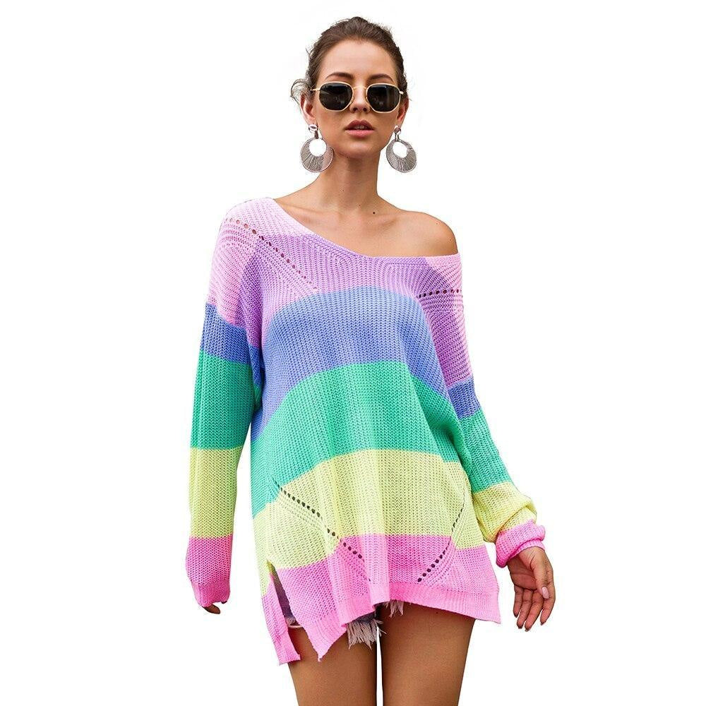 Rainbow Sweater Dress Long Sleeve Knit Kawaii Fashion Bright Rainbow Colors / M Rainbow Sweater Dress Long Sleeve Knit Kawaii Fashion Bright Rainbow Colors / M